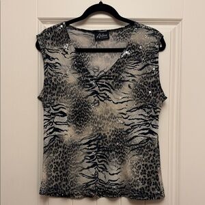 Ardene Sequin Leopard Print Blouse - Black and Cream